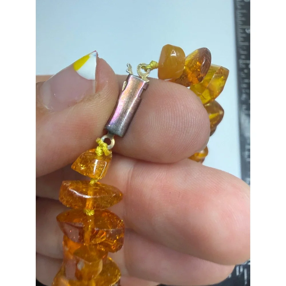 Amber Chip Bracelet Honey Cognac Knotted Stone 7.5 Inch Barrel Clasp